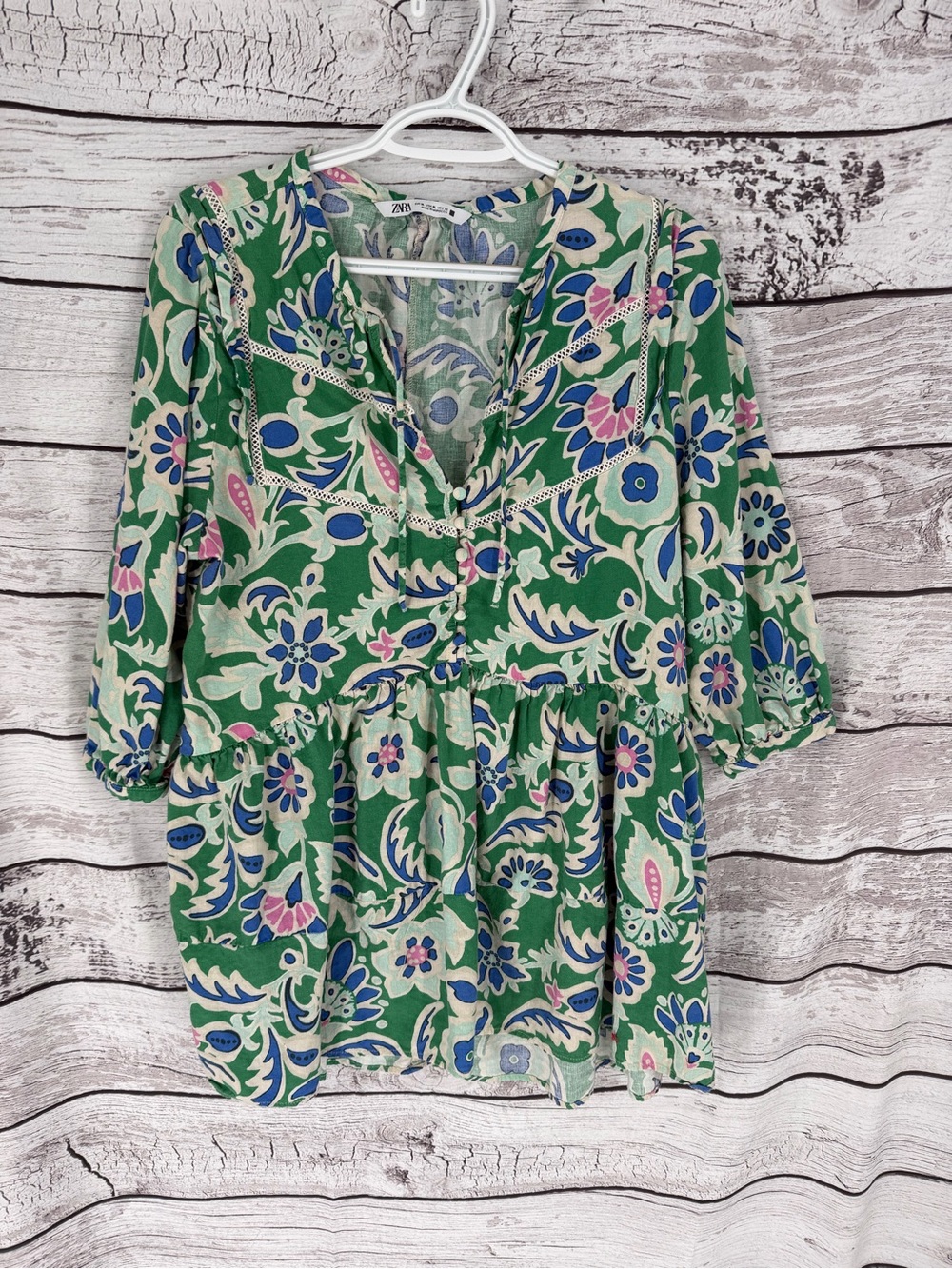 Zara Green Floral Peasant Tunic with Blue & Pink Accents